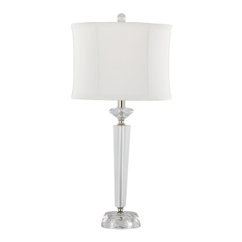 Set of two Lumi Source Diamond Torch contemporary crystal table lamps with clear and off-white shades, polished nickel bases.