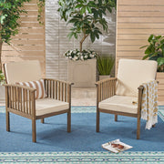 Pair of Noble House Casa Acacia wood club chairs with water-resistant gray and cream cushions, set of two for outdoor seating.