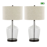 Set of two Lumi Source contemporary table lamps with clear glass and oil bronze finish, built-in USB ports, and natural accents.