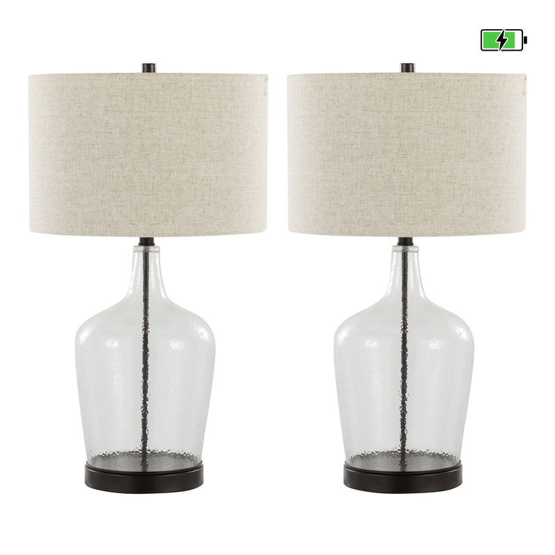 Set of two Lumi Source contemporary table lamps with clear glass and oil bronze finish, built-in USB ports, and natural accents.