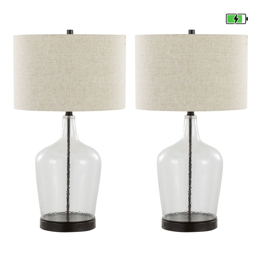 Set of two Lumi Source contemporary table lamps with clear glass and oil bronze finish, built-in USB ports, and natural accents.