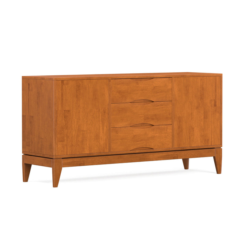 Simpli-Home Harper sideboard buffet with wooden finish, featuring multiple drawers and cabinets for storage.