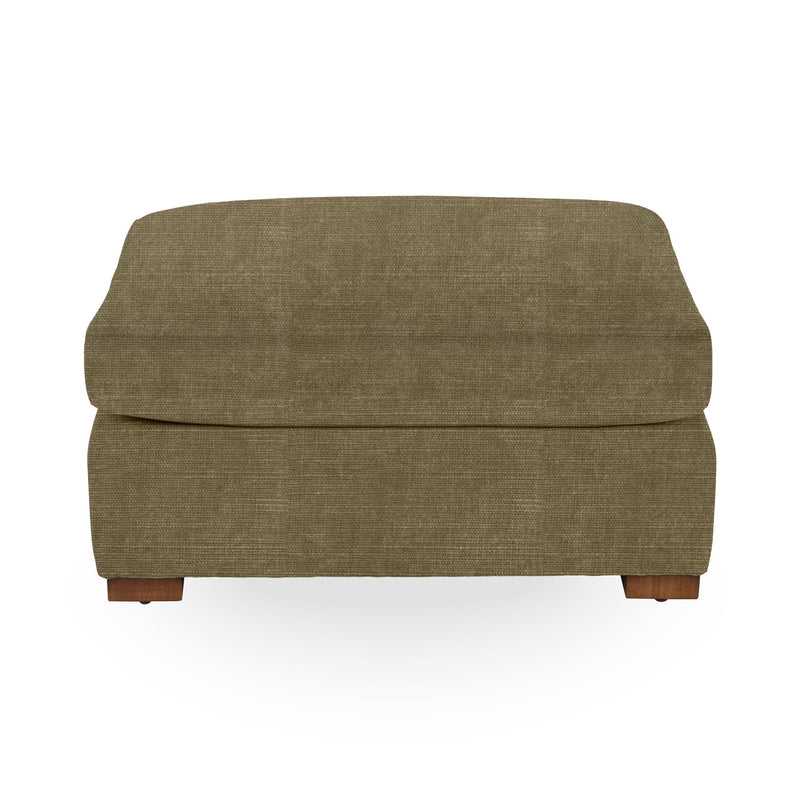 Classic Home Audrey upholstered ottoman with plush fabric and tufted top, perfect as a versatile living room accent piece.