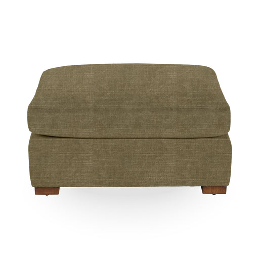 Classic Home Audrey upholstered ottoman with plush fabric and tufted top, perfect as a versatile living room accent piece.