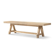 Natural wood Hawthorne dining bench by Jennifer Taylor Home with sleek, modern design and sturdy legs for dining room seating.