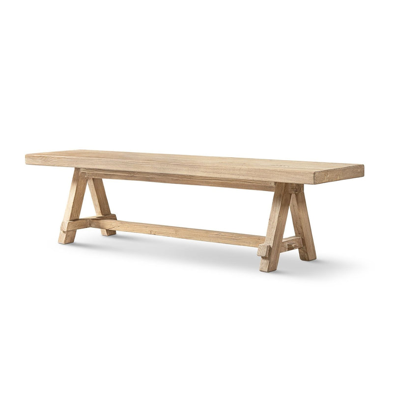 Natural wood Hawthorne dining bench by Jennifer Taylor Home with sleek, modern design and sturdy legs for dining room seating.