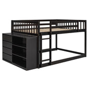 DreamHaus bunk bed with built-in four drawers and three shelves, showcasing a sturdy wooden frame and space-saving design.