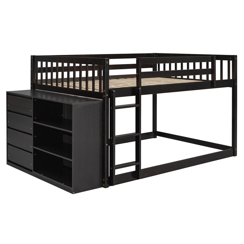 DreamHaus bunk bed with built-in four drawers and three shelves, showcasing a sturdy wooden frame and space-saving design.