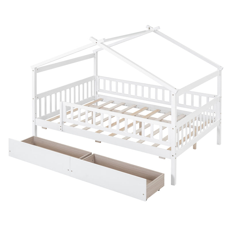DreamHaus house bed with storage drawers, wooden frame, and playful house design for kids' bedroom organization.