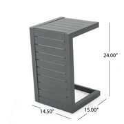 Noble House aluminum outdoor C-shaped side table for patio, featuring a sleek, modern design with a sturdy outdoor-ready finish.