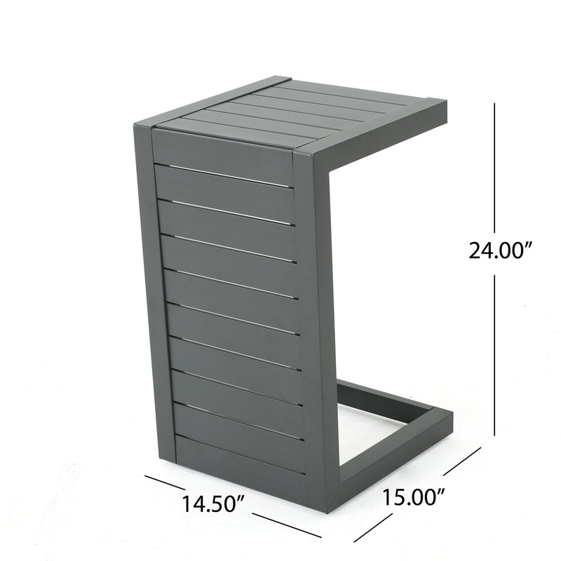 Noble House aluminum outdoor C-shaped side table for patio, featuring a sleek, modern design with a sturdy outdoor-ready finish.