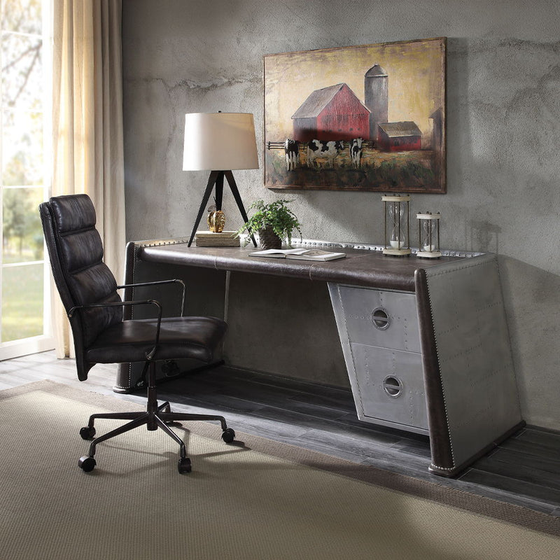 Brancaster - Executive Writing Desk - Distress Chocolate Top Grain Leather & Aluminum - R&R Furniture Gallery (Fountain Valley, CA)
