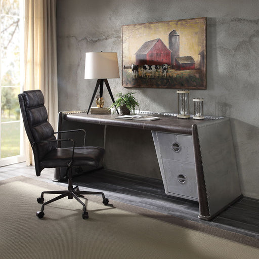 Brancaster - Executive Writing Desk - Distress Chocolate Top Grain Leather & Aluminum - R&R Furniture Gallery (Fountain Valley, CA)