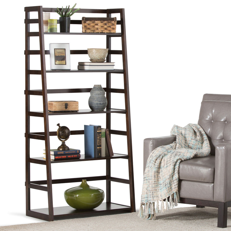 Handcrafted Acadian ladder shelf bookcase by Simpli-Home with multiple wooden shelves and a sleek ladder design.