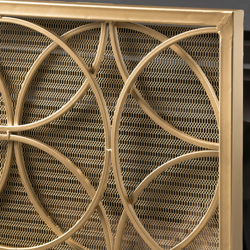 Noble House Thayer single panel iron fireplace screen with geometric design, decorative metalwork for fireplace safety and style
