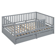 DreamHaus storage daybed with fence guardrails, two drawers, convertible into independent floor bed and daybed, shown with bedding and pillows.