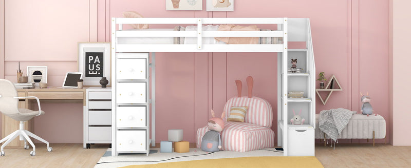 DreamHaus loft bed with built-in storage drawers, stairs with shelves, and a sturdy frame for space-saving bedroom furniture.