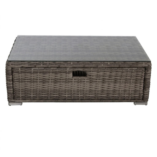 Gray glass outdoor coffee table from LSI Patio Furniture, featuring a modern design and sturdy frame for patio or garden use.