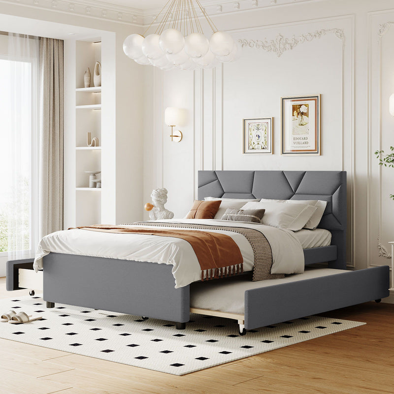 Upholstered Platform Bed With Brick Pattern Headboard And Twin Long Size Trundle - R&R Furniture Gallery (Fountain Valley, CA)
