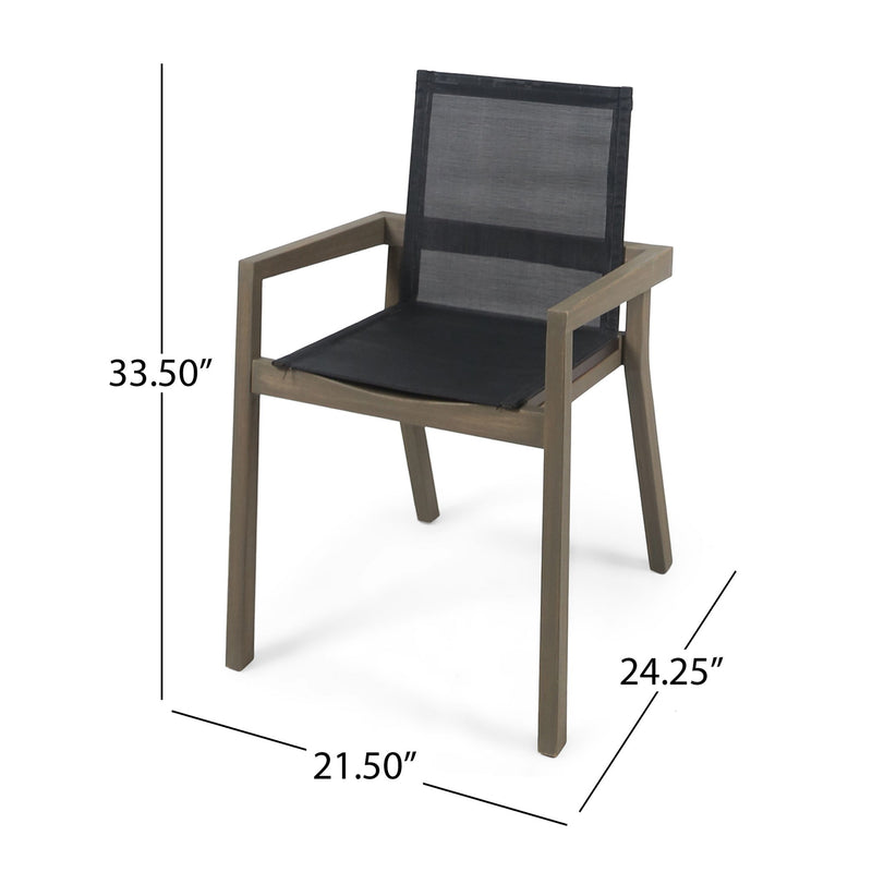 Set of two Noble House Belfast dining chairs with acacia wood frames and cushioned seats, showcasing elegant natural wood and fabric upholstery.