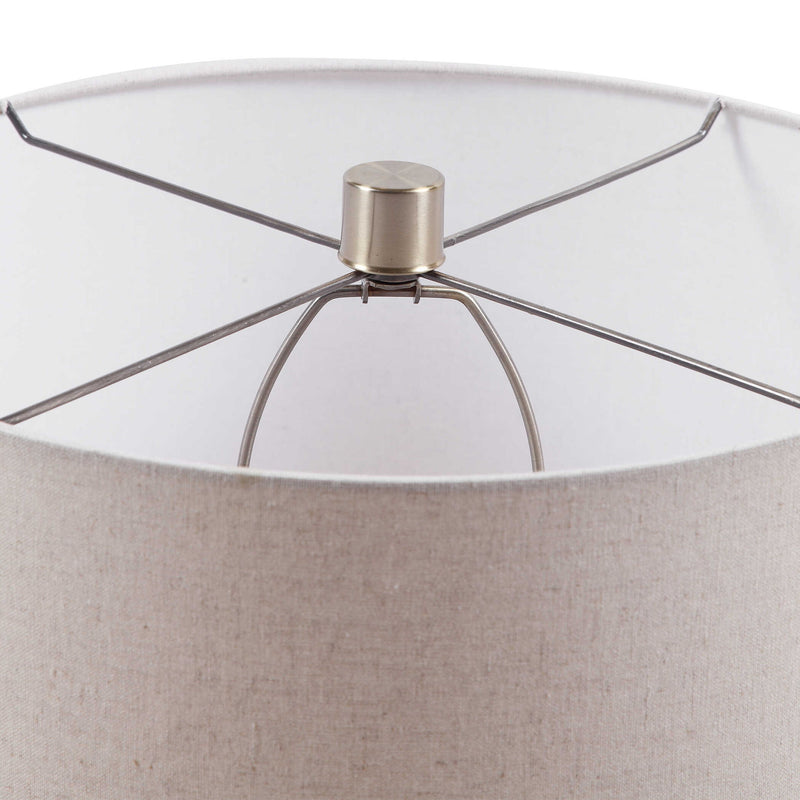Uttermost Callais crackled aqua table lamp with textured ceramic base and drum shade, ideal for modern or transitional decor.