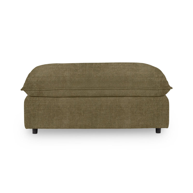 Classic Home Caplan upholstered ottoman with a soft fabric cover, showcasing a stylish and versatile piece for living room decor.