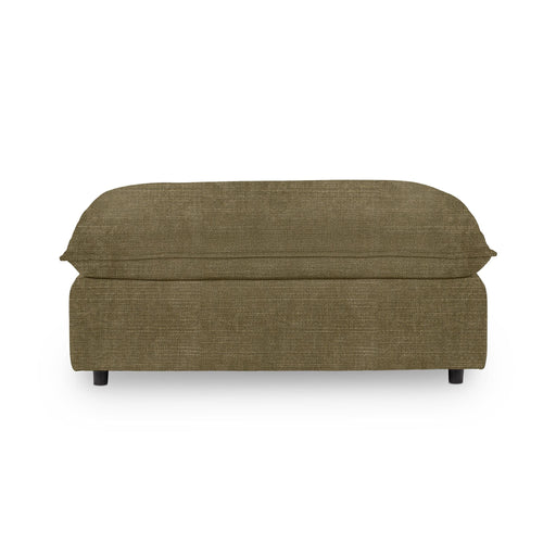 Classic Home Caplan upholstered ottoman with a soft fabric cover, showcasing a stylish and versatile piece for living room decor.