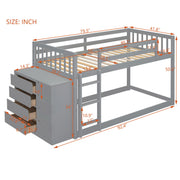 DreamHaus bunk bed with built-in four drawers and three shelves, featuring a sturdy wooden frame and space-saving design.