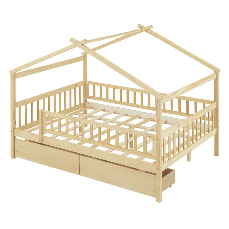 DreamHaus house bed with built-in storage drawers, featuring a cozy design and two spacious drawers for bedroom organization.