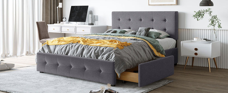DreamHaus upholstered platform bed with classic headboard and built-in storage drawers, no box spring needed, modern bedroom furniture