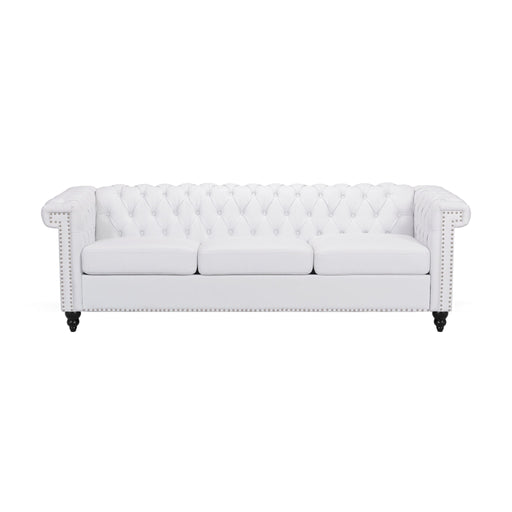Noble House Chesterfield style 3-seater sofa with deep button tufting and plush upholstery, stationary design in a classic living room setting.