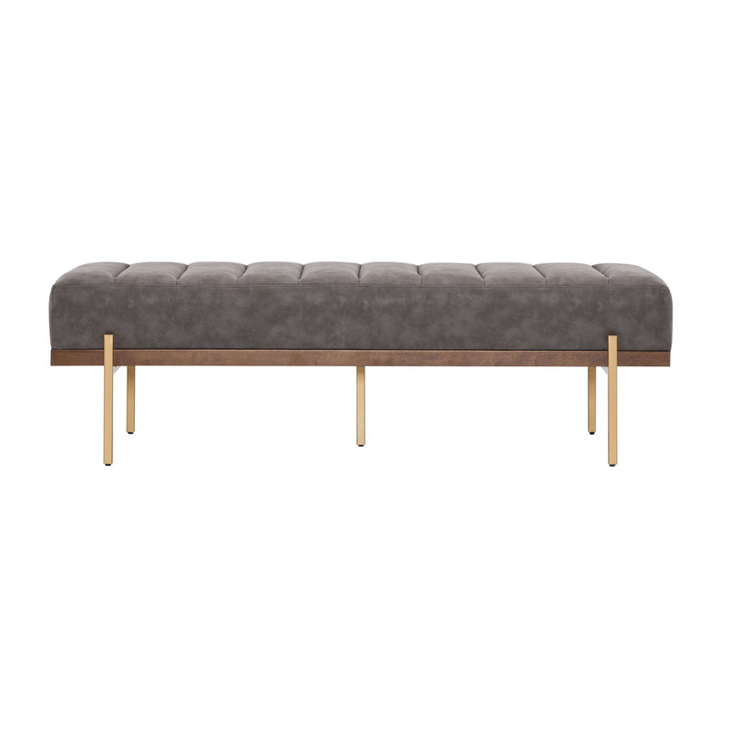 Luxury Noble House Thorian upholstered ottoman bench with channel tufting and gold metal base, gray fabric, modern and stylish design.