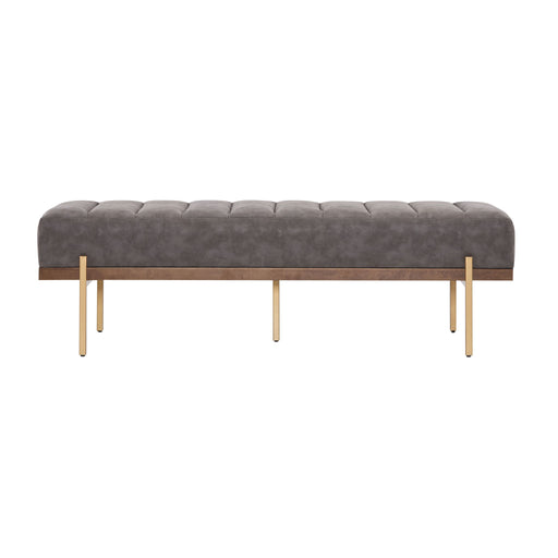 Luxury Noble House Thorian upholstered ottoman bench with channel tufting and gold metal base, gray fabric, modern and stylish design.