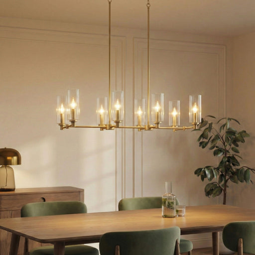 Willow - 8 Lights Island With Clear Ribbed Pendant Lamp Satin - Antique Brass / Clear / Gold - R&R Furniture Gallery (Fountain Valley, CA)