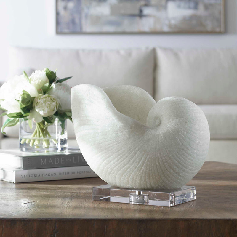 White Nautilus shell sculpture by Uttermost, decorative sculpture and figurine, detailed seashell design for coastal decor.