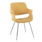Pair of Lumi Source vintage flair Art Deco accent chairs with chrome legs, upholstered in yellow, black, blue, or cream fabric.