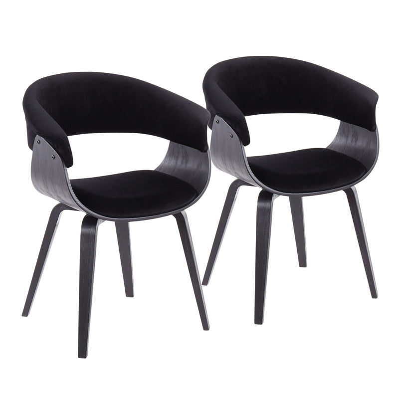 Pair of Lumi Source Vintage Mod mid-century modern dining chairs with sleek wooden legs and upholstered seats, set of two.
