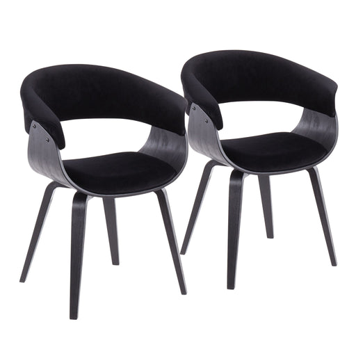 Pair of Lumi Source Vintage Mod mid-century modern dining chairs with sleek wooden legs and upholstered seats, set of two.