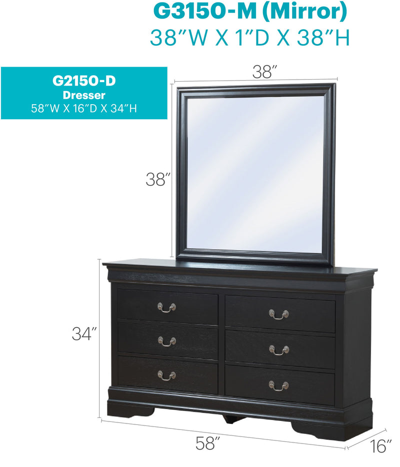 Black elegant dresser by Glory Furniture with sleek drawers, modern design, and smooth finish for stylish bedroom storage.
