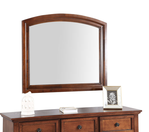 Glory Furniture cherry mirror with a sleek rectangular frame, hanging on a wall with a modern, elegant design.