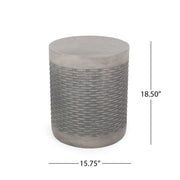 Round outdoor concrete end table from Noble House, lightweight natural finish, ideal for patio or garden seating areas.
