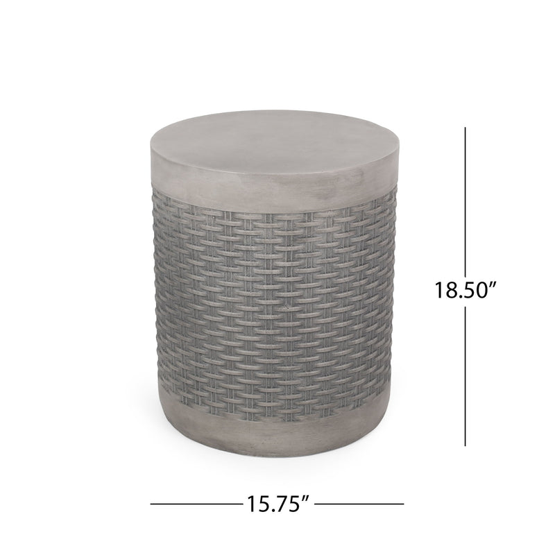 Round outdoor concrete end table from Noble House, lightweight natural finish, ideal for patio or garden seating areas.