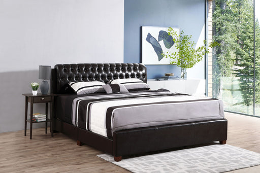 Dark brown upholstered King bed from Glory Furniture with a plush headboard and sturdy wooden frame.