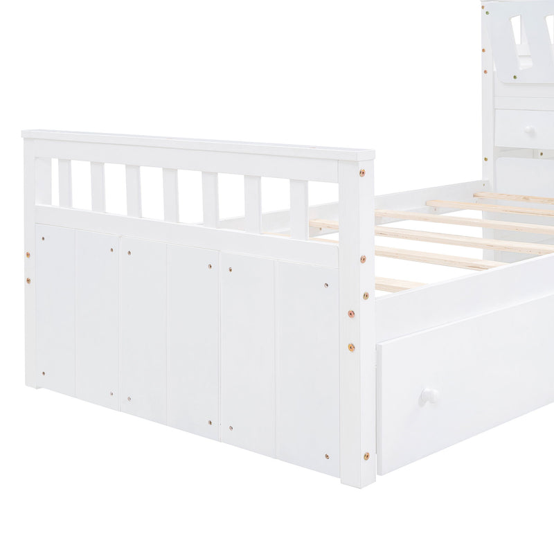 DreamHaus loft platform bed with 7 drawers, full guardrails, and modern L-shaped design for space-saving bedroom storage.