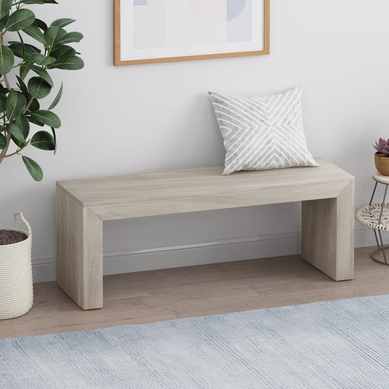 Noble House farmhouse style acacia wood dining bench with sturdy construction and natural wood finish, suitable for kitchen or dining room.