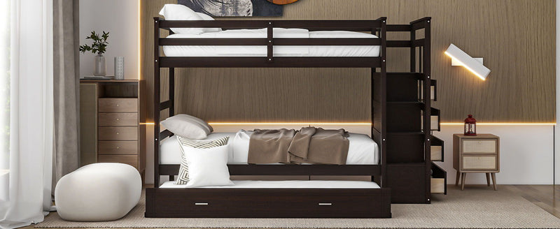 DreamHaus bunk bed with staircase and trundle, featuring sturdy wood frame and space-saving design for kids' bedroom.
