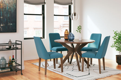 Signature Design by Ashley 5-piece dining room table set with a wooden table and matching chairs, perfect for family meals.