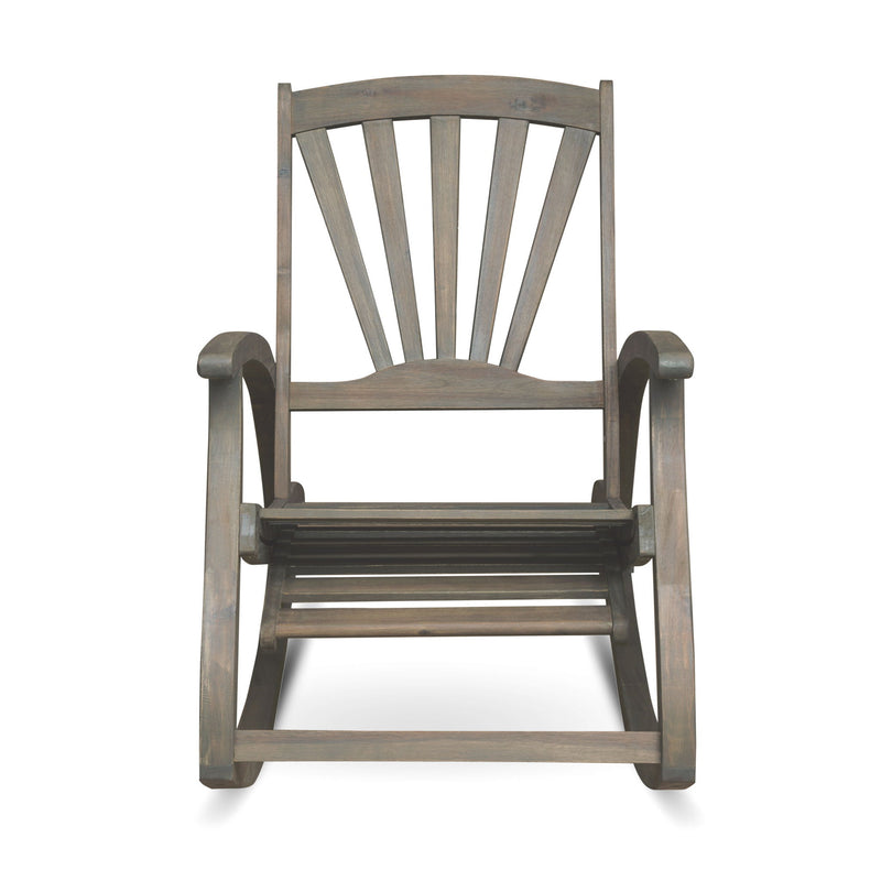 Gray outdoor reclining rocking chair by Noble House, featuring a comfortable, weather-resistant design for outdoor relaxation.