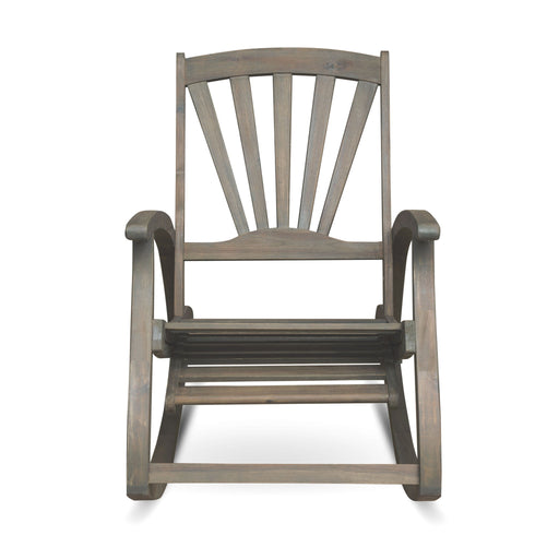 Gray outdoor reclining rocking chair by Noble House, featuring a comfortable, weather-resistant design for outdoor relaxation.