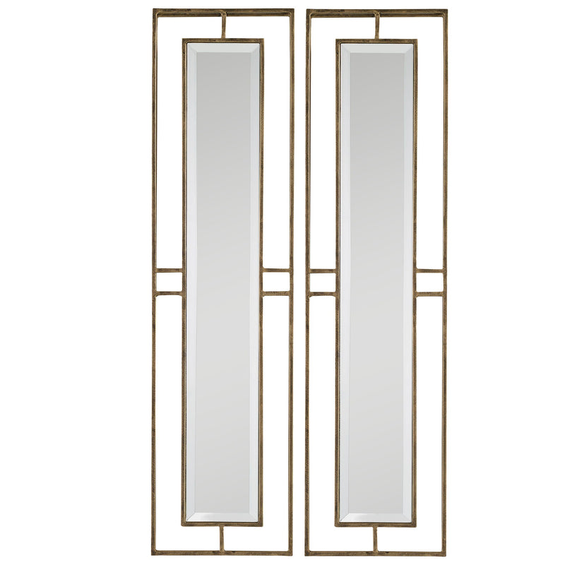 Pair of gold wall mirrors from Uttermost Rutledge set, featuring round frames and reflective glass for stylish home decor.